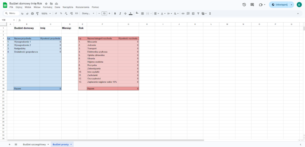 Prosty budżet domowy, zrzut ekranu